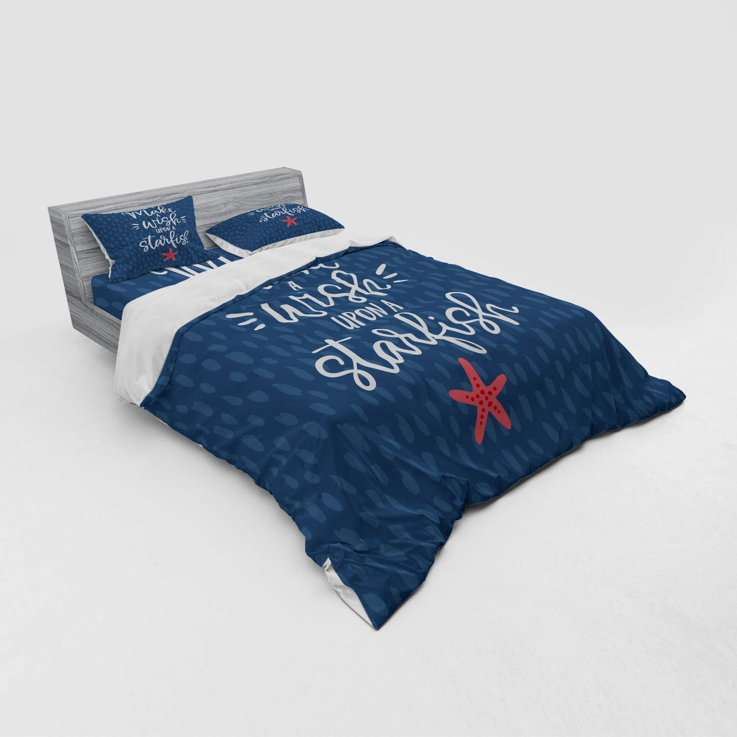 Ambesonne Nautical Themed 4-Piece Queen Bedding Set - Starfish Print Duvet Cover with Shams & Fitted Sheet in Dark Sky Blue, Slate Blue, Dark Coral & White | Coastal Bedroom Decor for Beach House & Guest Room