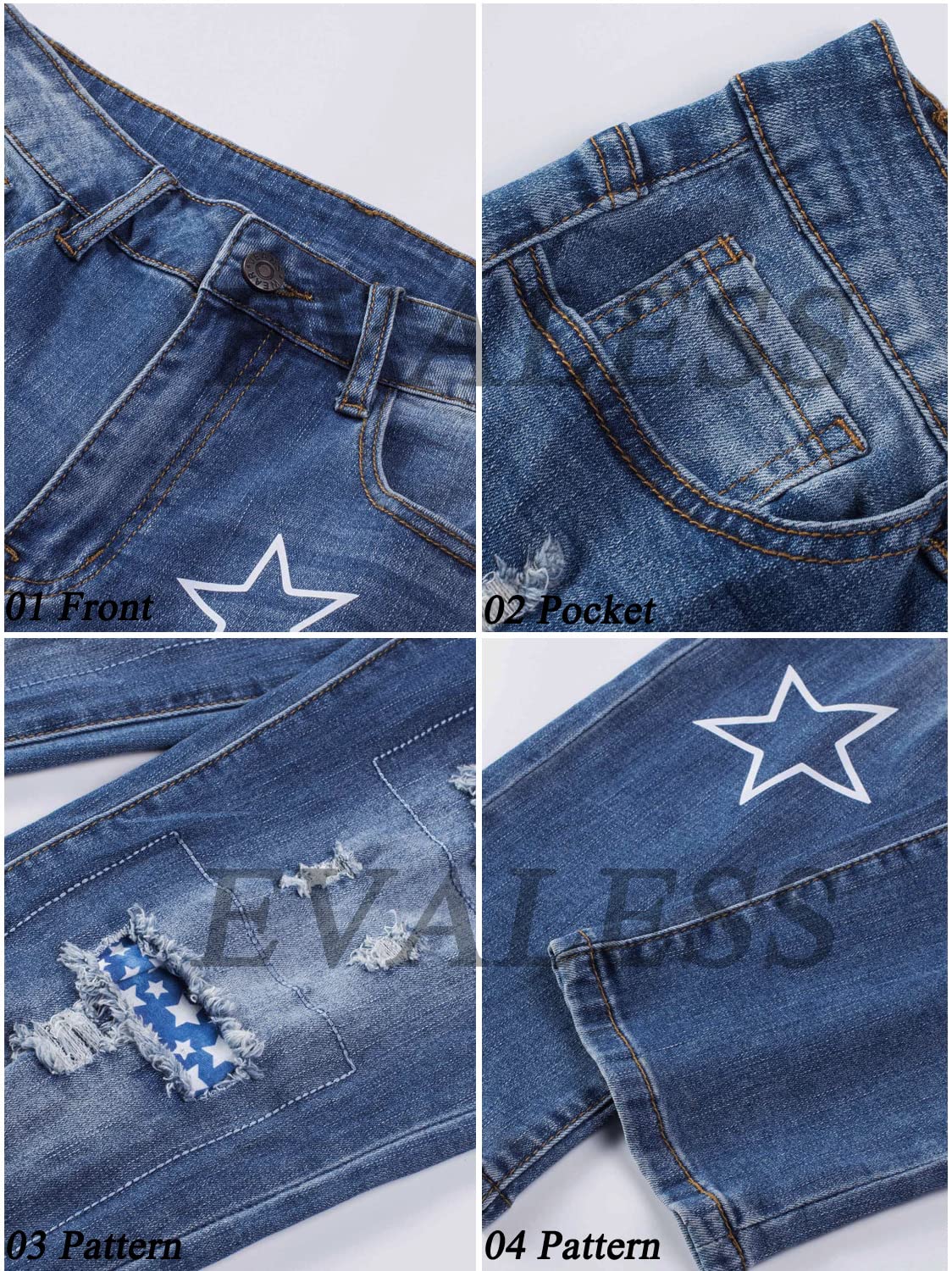 EVALESS Women's Ripped Boyfriend Jeans - Distressed Skinny Denim Pants with Plaid Patch Design | Casual Streetwear & Everyday Fashion