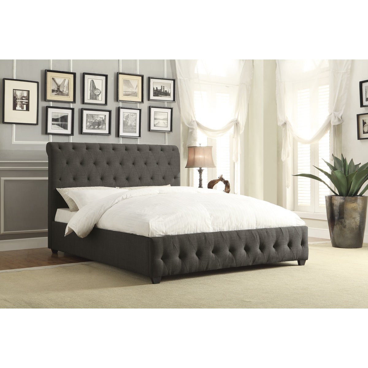 Baldwyn Collection Dark Gray Fabric Bed Frame - Queen Size Upholstered Platform Bed with Wooden Slats - Perfect for Modern Bedroom Decor & Small Spaces