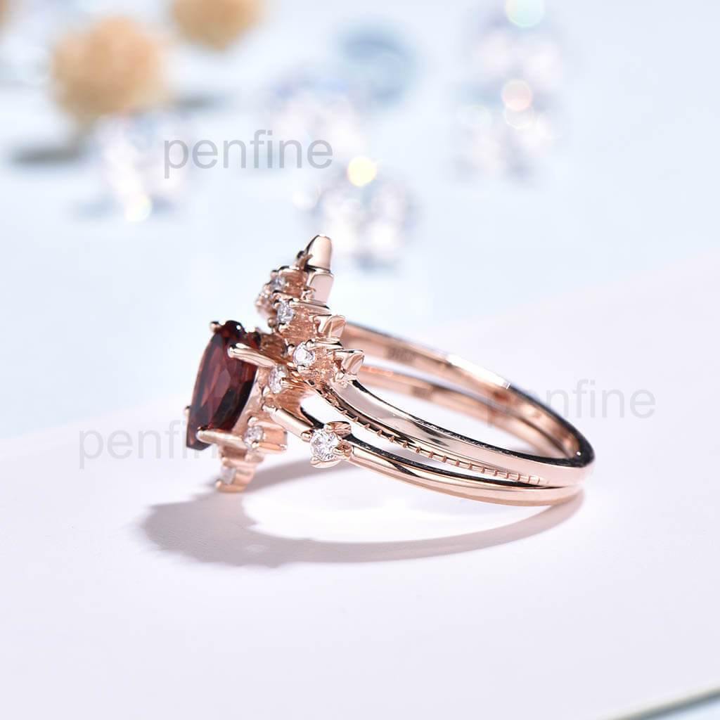 Vintage Art Deco Style Pear Garnet & Alexandrite Cluster Engagement Ring Set - 2 Piece Bridal Jewelry for Wedding, Anniversary & Special Occasions