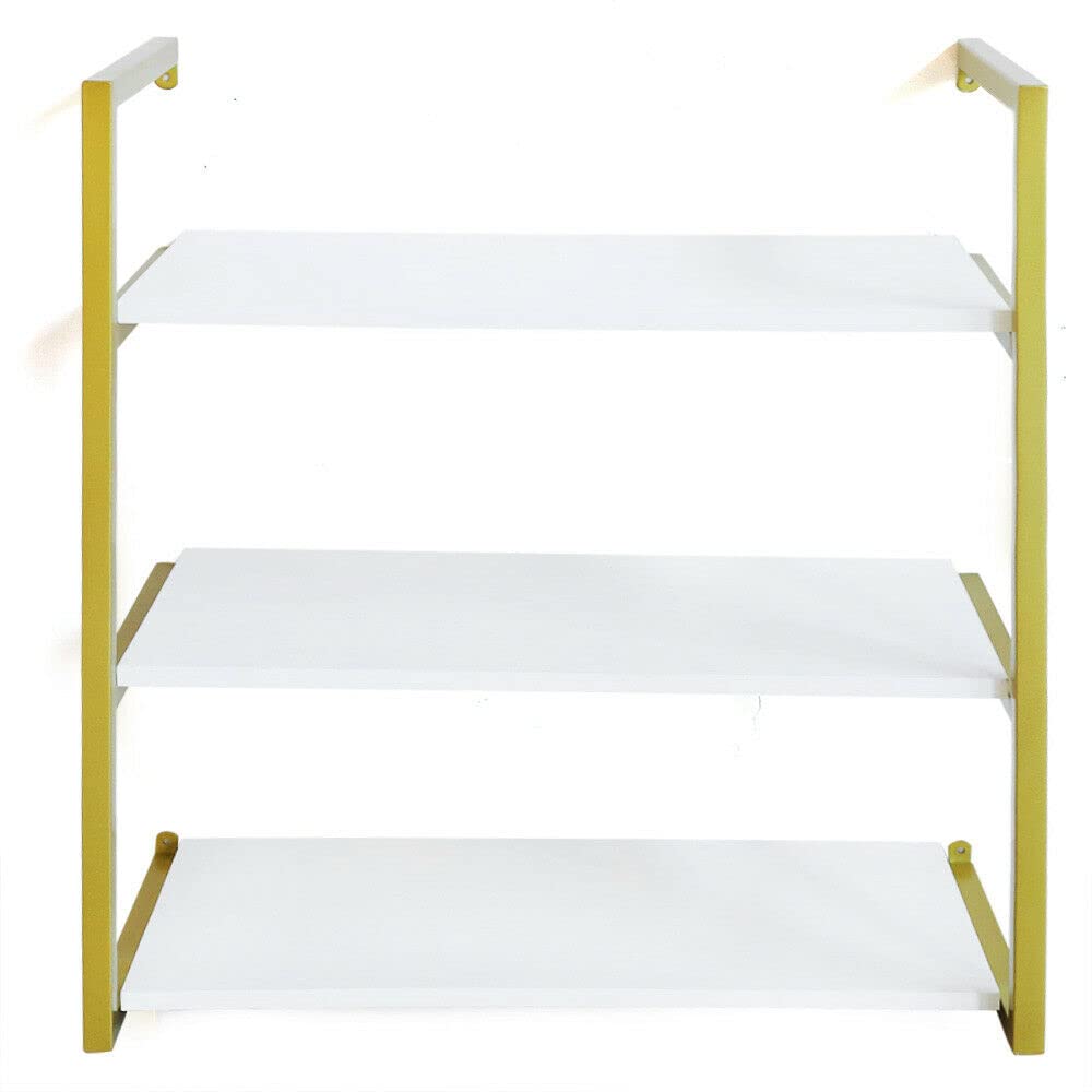 TFCFL 3-Tier Wall-Mounted Floating Shelves - Gold Metal & Wooden Board Storage Rack for Books, Decor & Organizing | Perfect for Kitchen, Study, Living Room, Bedroom & Bathroom Storage Solutions