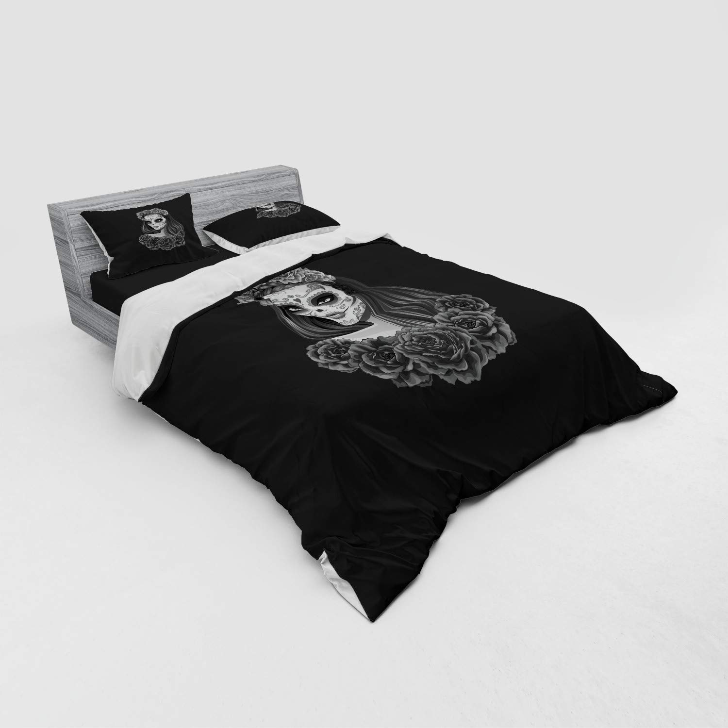 Ambesonne Day of The Dead Duvet Cover Set - Gothic Sugar Skull Makeup with Roses, 4-Piece Queen Size Bedding Set with Pillow Shams & Fitted Sheet in Charcoal Grey - Perfect for Halloween Decor, Gothic Bedroom Theme & Mexican Culture Inspired Home Decor