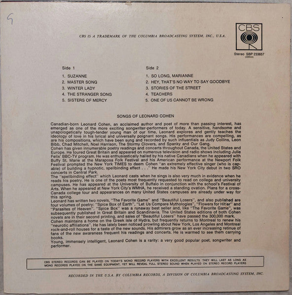 Leonard Cohen - Songs of Leonard Cohen Vinyl LP Album Reissue (VG+) - Perfect for Vintage Music Collectors & Audiophiles