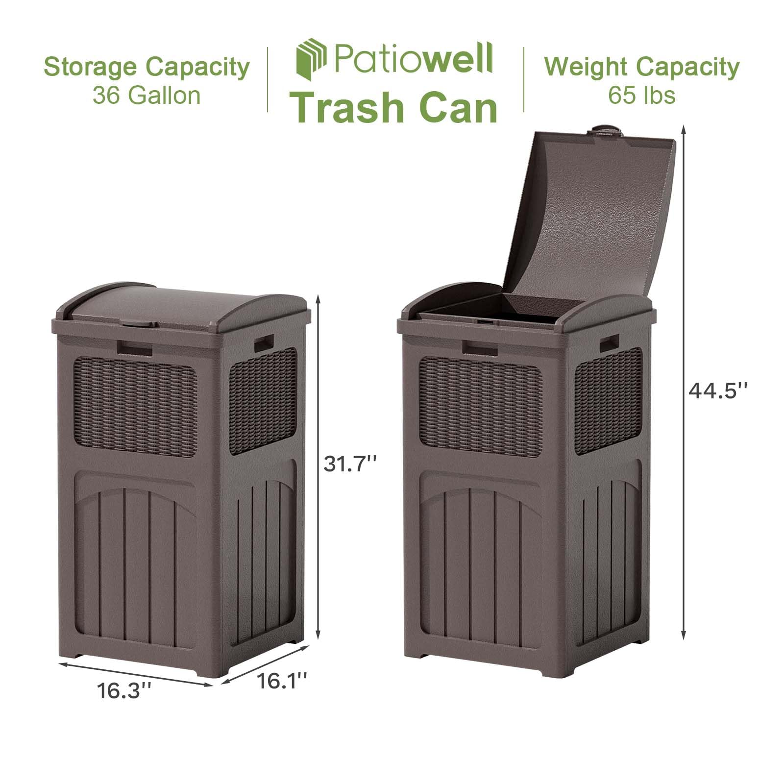 **Patiowell 36 Gallon Outdoor Trash Can with Lid - Heavy Duty Resin Garbage Bin for Patio, Backyard, Deck - Weatherproof & Durable - Dark Brown - Perfect for Outdoor Waste Management**    (Note: 