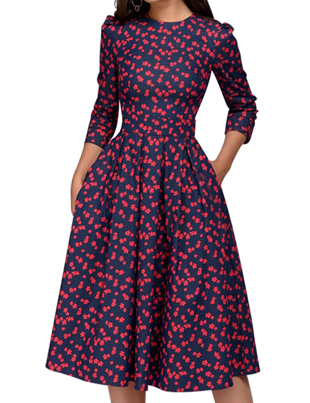 Vintage Floral Midi Dress for Women - Elegant 3/4 Sleeve Evening Gown | Perfect for Cocktail Parties, Weddings & Date Nights