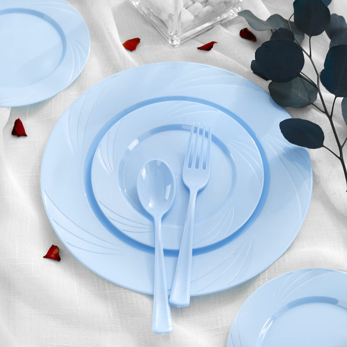 YOUBET 125-Piece Blue Plastic Disposable Plate Set - Includes 25 Dinner Plates, 25 Dessert Plates, 25 Forks, 25 Knives & 25 Spoons - Perfect for Baby Showers, Birthday Parties, Picnics & Outdoor Events