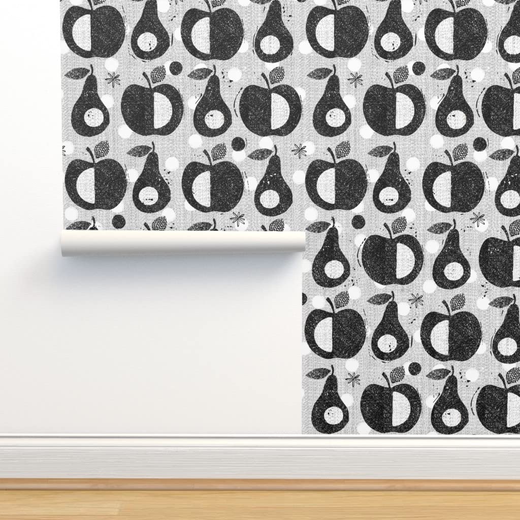 Peel & Stick Removable Wallpaper 12ft x 2ft - Black White Fruit Whimsical Block Print Design | Self-Adhesive Wall Decal for Kitchen, Nursery, Office & Home Decor | Easy to Install & Remove