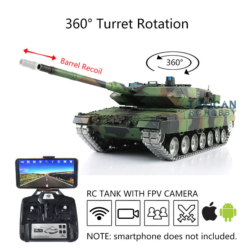 Henglong 1/16 Scale 7.0 Version Customized Leopard 2A6 RC Tank Model 3889 with Metal Tracks, FPV Camera, Barrel Recoil, BB Shooting & 360° Rotating Turret - Remote Control Military Vehicle for Adults & Hobbyists, Outdoor Play & Collectible Display