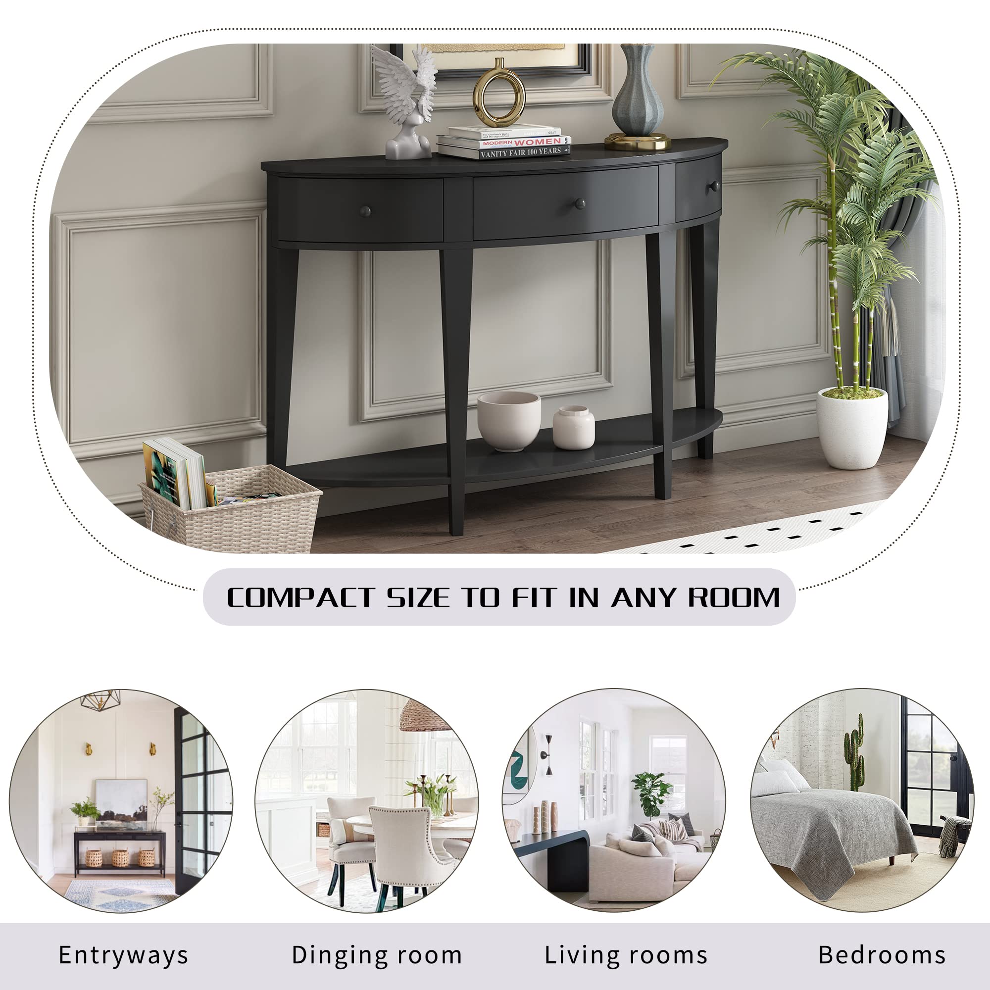 Modern Curved Console Table with Drawer - Solid Wood Entryway Table with Open Shelf for Hallway, Living Room & Foyer - Stylish Black Sofa Table for Home Decor & Small Space Organization