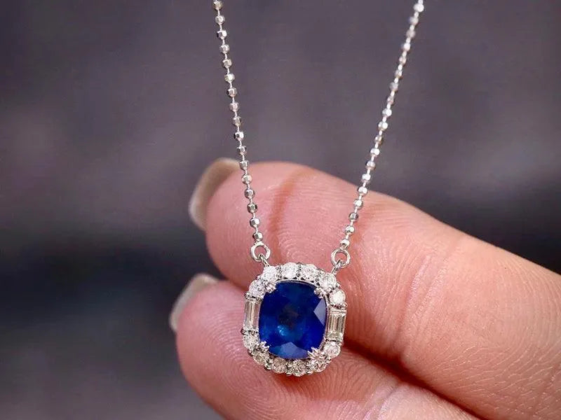 18K White Gold Natural Blue Sapphire Pendant Necklace - Shiny Gemstone Luxury Diamond Jewelry for Women - Perfect for Senior Banquet, Wedding & Special Occasions