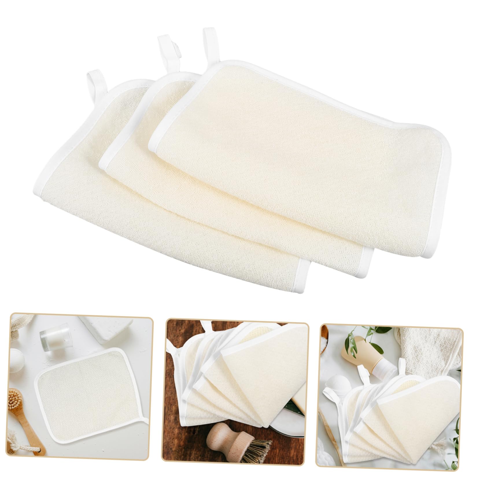 Exfoliating Bath Cloths 3 Pack - Soft Loop Washcloths for Body & Face, Quick Dry Nylon Material, Beige | Gentle Exfoliation for Sensitive Skin, Spa & Shower Essential
