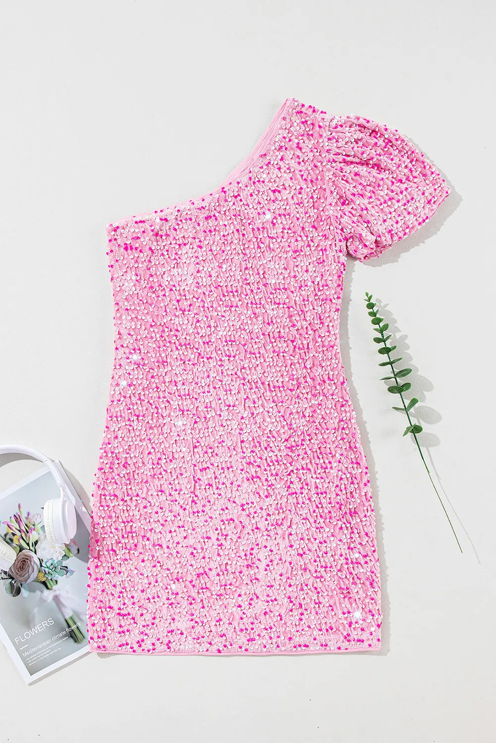 Sparkly Sequin One Shoulder Short Sleeve Mini Dress for Women - Sexy Clubwear & Cocktail Party Outfit for Night Out, Bachelorette, Date Night