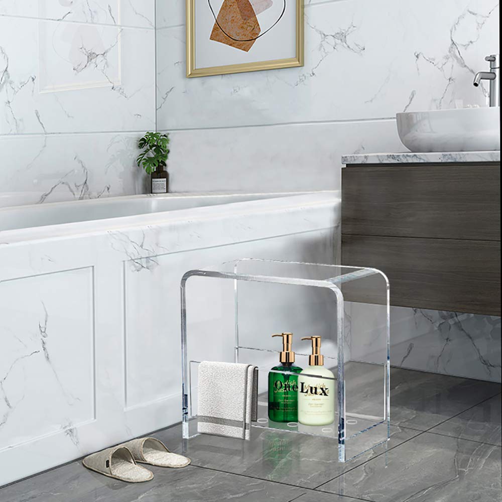 ONELUX Clear Acrylic Waterfall Vanity Table with Additional Shelf - Modern Lucite U-Shaped Nightstand for Bathroom, Bedroom & Living Room - Perfect for Makeup Storage, Bedside Organization & Home Decor