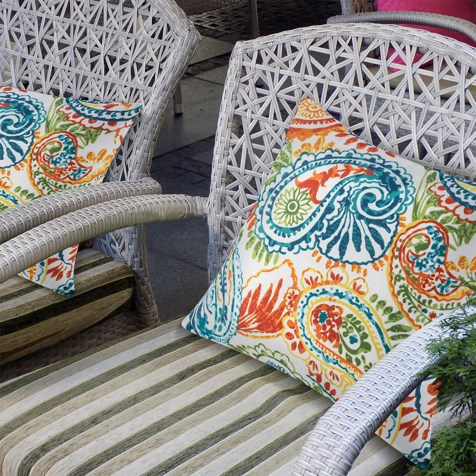 Waterproof Outdoor Pillows Set of 2 - 18×18 Inch Decorative Square Throw Pillows with Inserts for Patio Furniture (Paisley Print) - Perfect for Garden, Poolside & Outdoor Lounge Areas