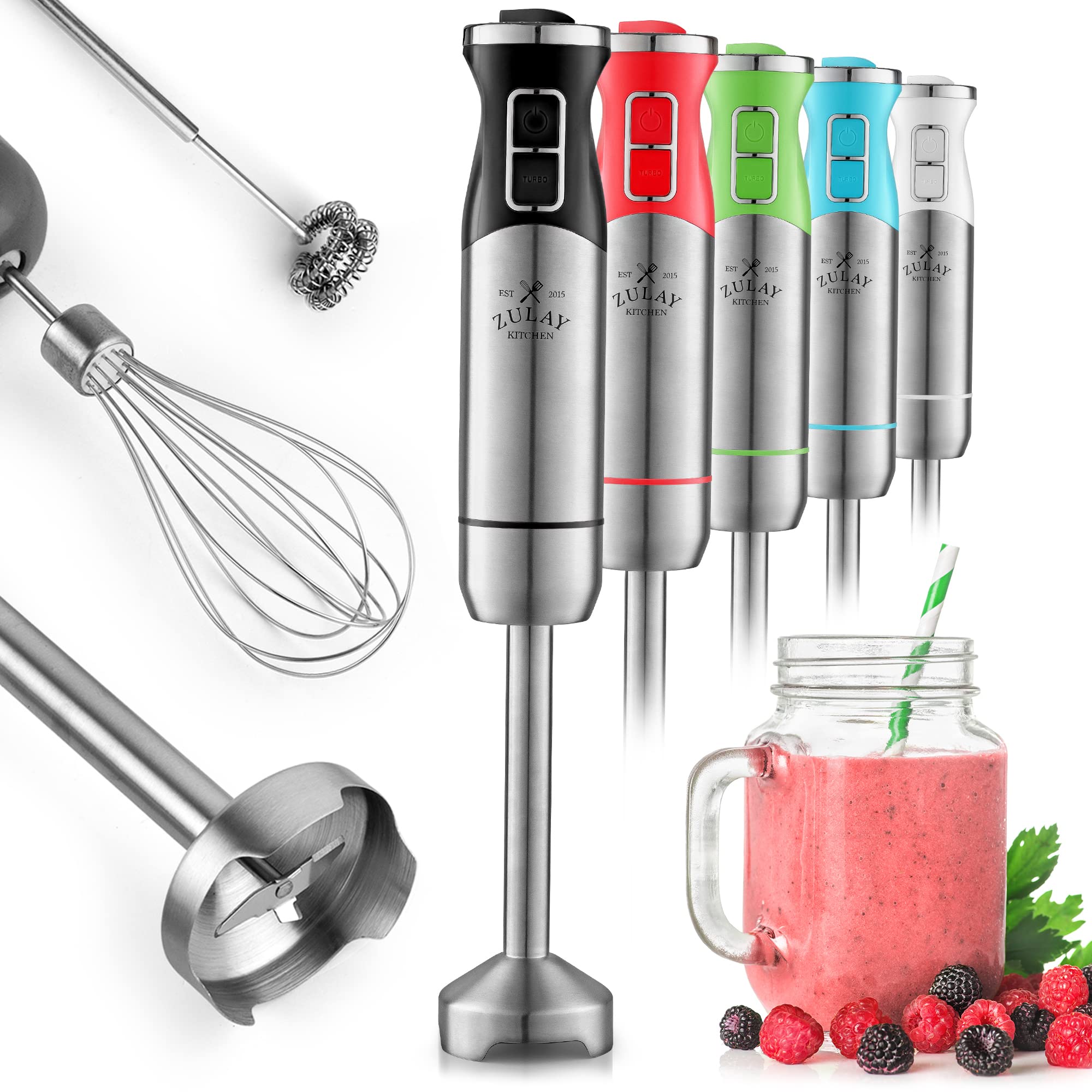**Zulay Premium Immersion Blender Handheld - Powerful 500W Stick Blender with Ultra-Sharp Stainless Steel Blades for Smoothies, Soups & Sauces - Durable & Easy to Clean (Matte Black) - Perfect for Kitchen, Baking & Meal Prep**