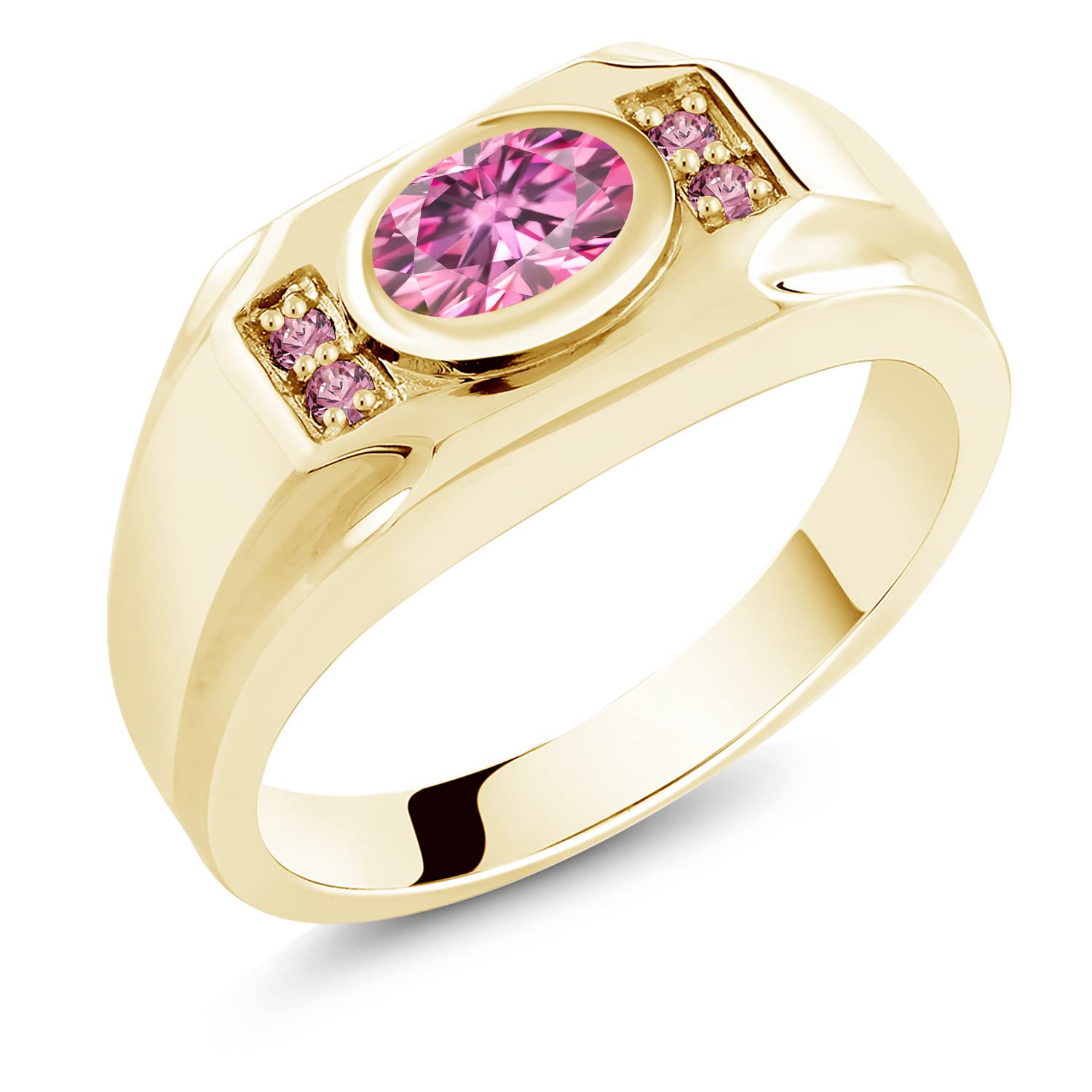18K Yellow Gold Plated Silver Men's Ring with Oval Pink Moissanite & Lab-Grown Diamond (1.53 CTTW) - Elegant Jewelry for Weddings, Anniversaries & Special Occasions