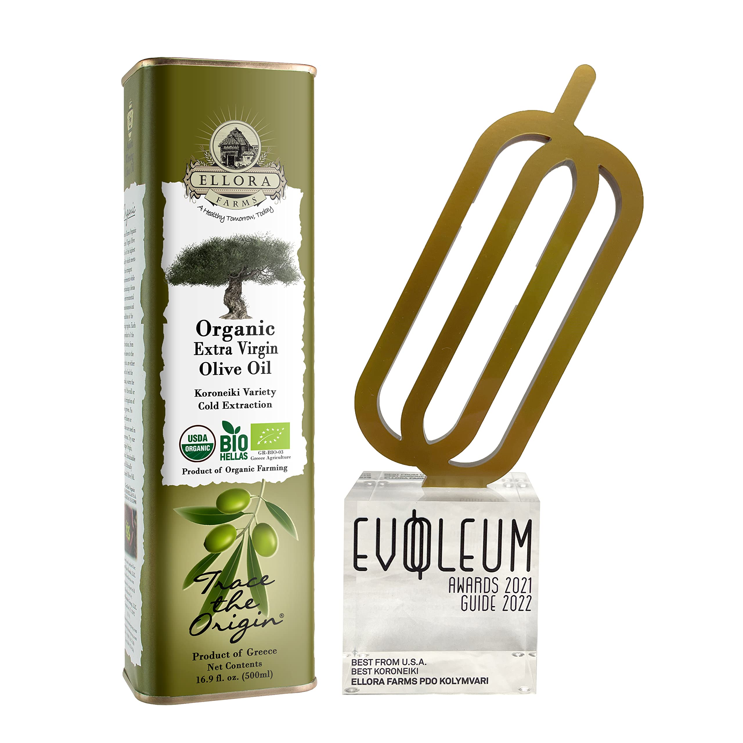 Ellora Farms USDA Organic Extra Virgin Olive Oil - 2024 Harvest, Gold Award Winner, Unfiltered & High Oleocanthal, Kosher Certified (17 oz Tin, Pack of 4) - Perfect for Salad Dressings, Cooking & Gourmet Recipes