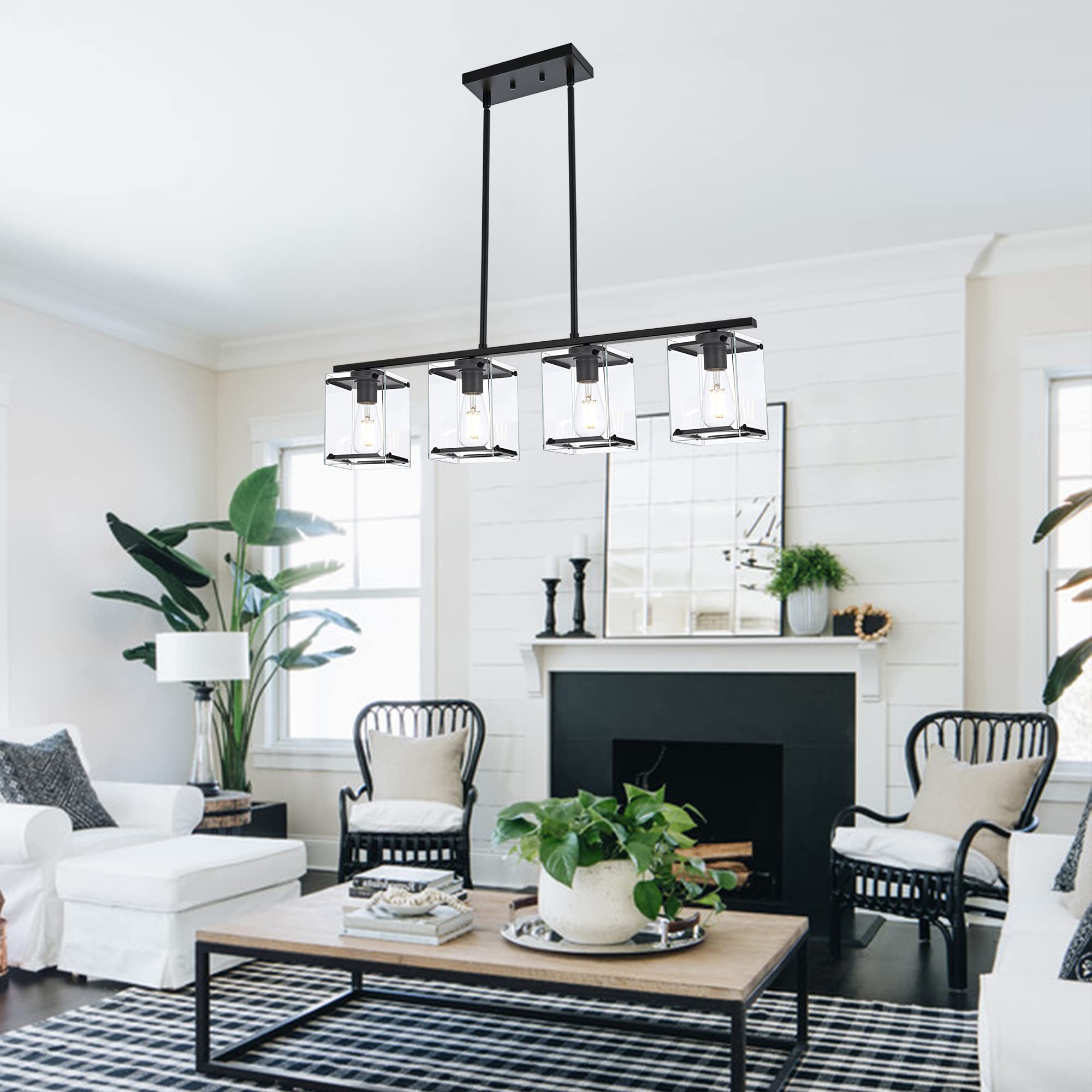 MELUCEE 4-Light Farmhouse Pendant Lighting - Matte Black Linear Chandelier with Clear Glass Shade for Kitchen Island, Dining Room, Foyer | Modern Rustic Home Decor Lighting Fixture