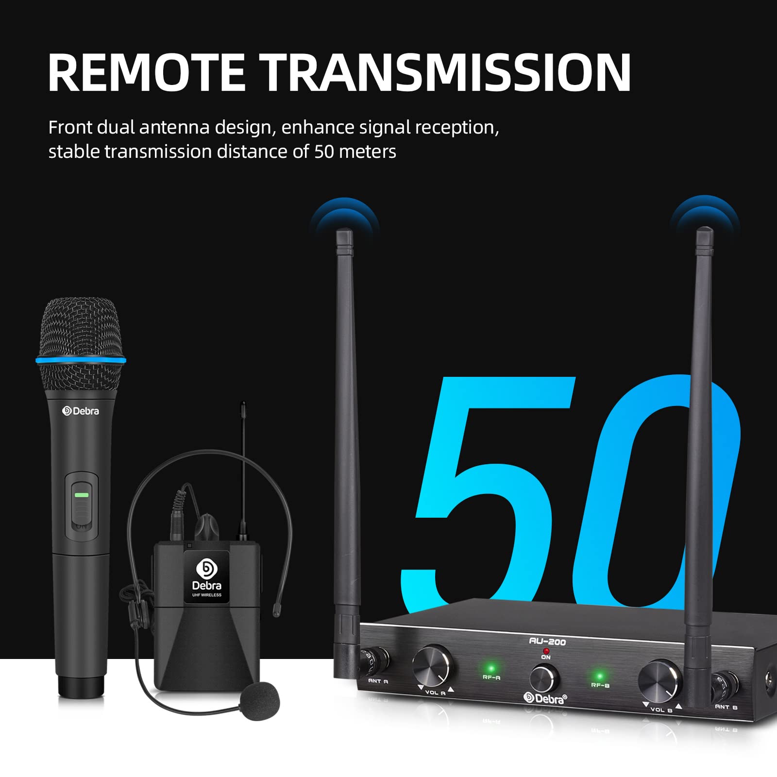 Debra Audio AU200 Pro UHF 2 Channel Wireless Microphone System - Dual Cordless Handheld & Lavalier Headset Mics with Metal Receiver - Ideal for Karaoke, Church Events, Parties & Live Performances