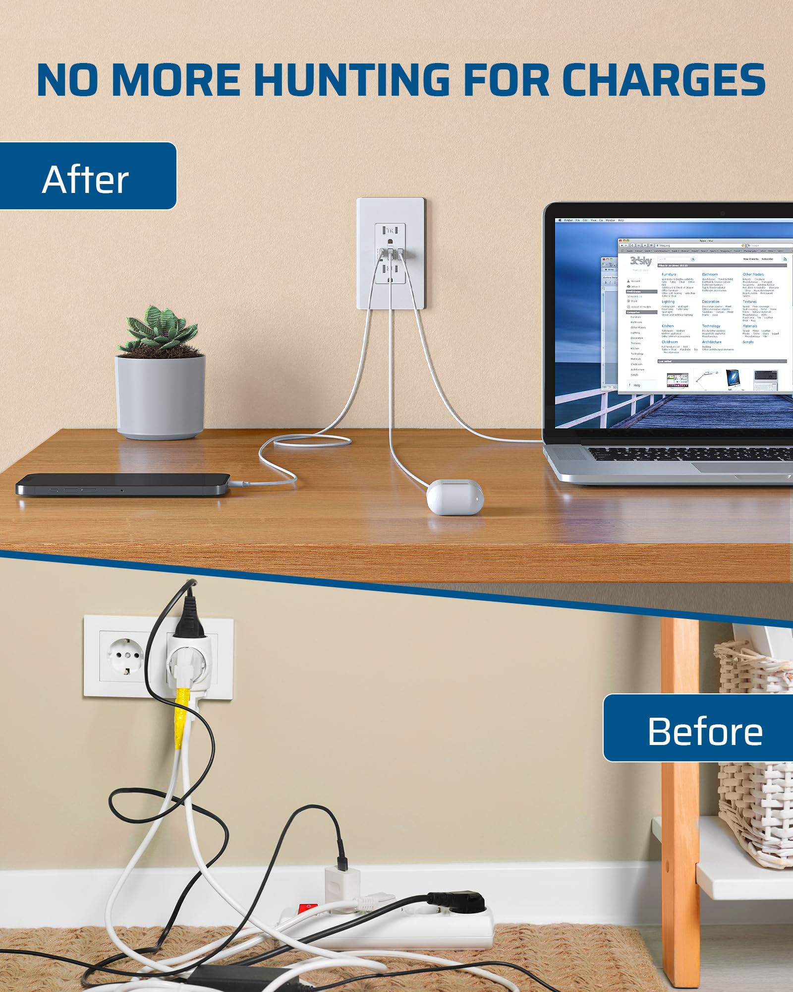 DEWENWILS 1 Pack 30W 3-Port USB Wall Outlet (2 USB A + 1 USB C) with Screwless Wall Plate, 15A Tamper Resistant & UL Listed - Perfect for Home, Office & Hotel Charging Stations - White