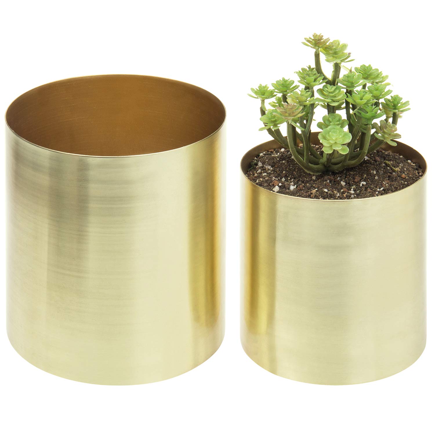 MyGift Modern Brushed Brass Plated Indoor Plant Pots - Set of 2 Cylindrical Metal Vases (5 & 6 Inch) - Handcrafted in India - Perfect for Home Decor, Office Plants & Succulent Arrangements
