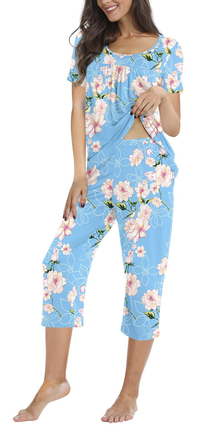 POPYOUNG Women's Summer Pajama Sets - 2 Piece Loungewear with Capri Pants & Pockets - Soft Sleepwear for Nighttime & Relaxation - Perfect for Bedtime, Lounging & Vacation Comfort