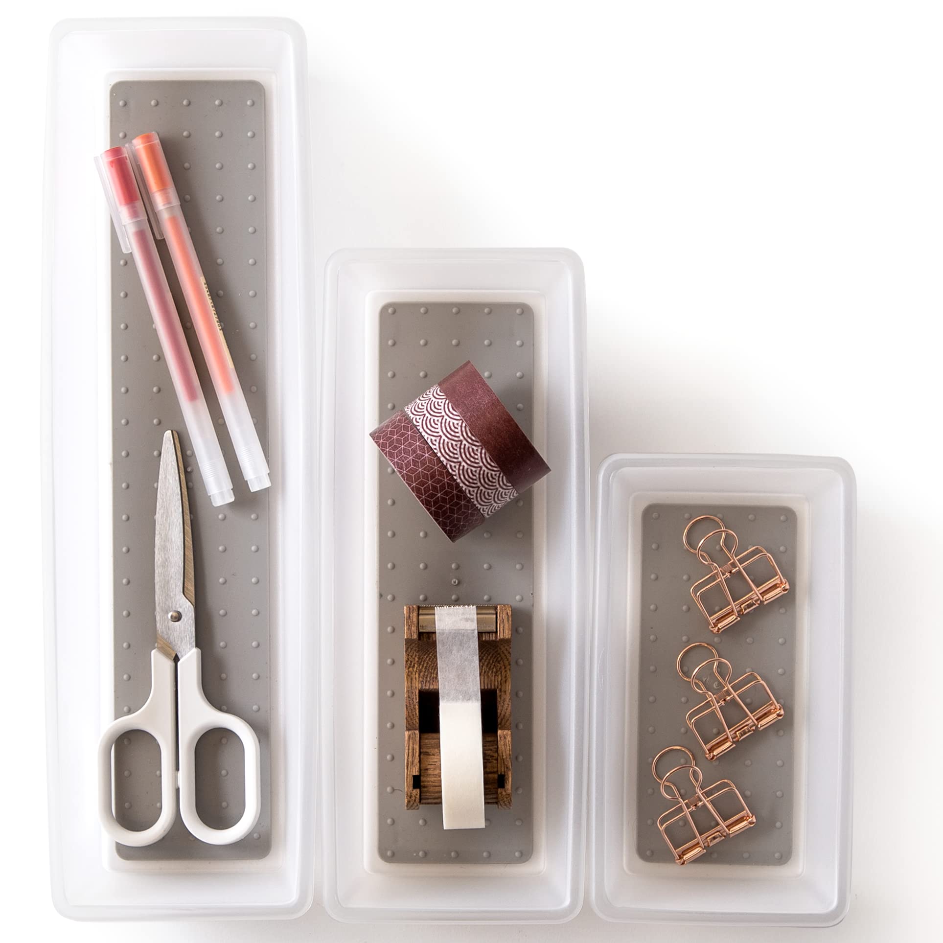BINO 3-Piece Small Drawer Organizer Set with Non-Slip Base - Frosted Modular Storage Bins for Desk, Vanity & Bathroom | Soft-Grip Lining & BPA-Free | Perfect for Office Supplies, Makeup & Jewelry Organization
