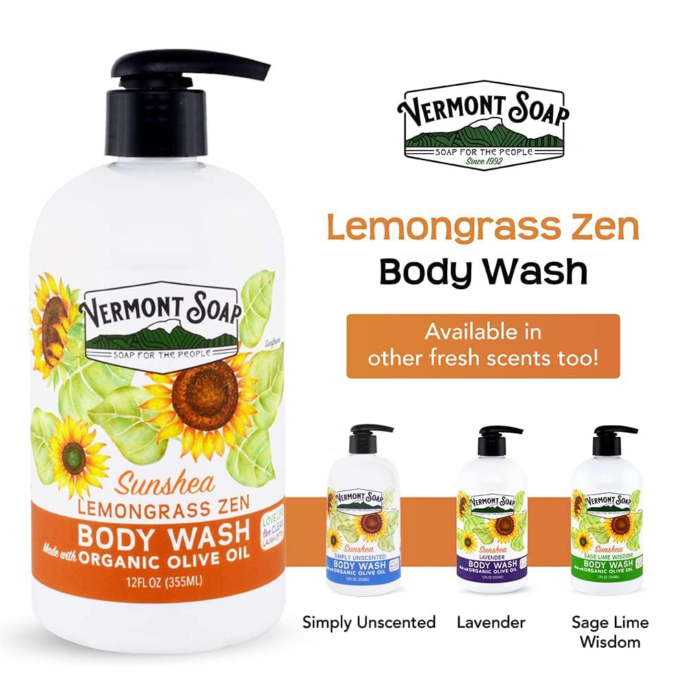 VERMONT SOAP Natural Body Wash with Shea Butter - Moisturizing & Soothing Fragrance-Free Gel Body Wash for Women & Men (Lemongrass Zen, 12oz) - Perfect for Sensitive Skin & Daily Shower Routine