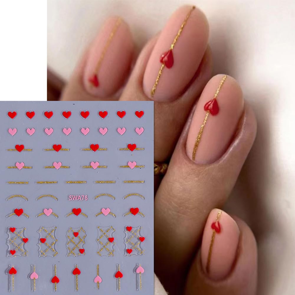 YEFIUO 7 Sheets 3D Nail Art Stickers - Heart & Metal Lines Design Nail Decals for DIY Nail Decoration | Perfect for Valentine's Day, Bridal Nails, and Party Nail Art