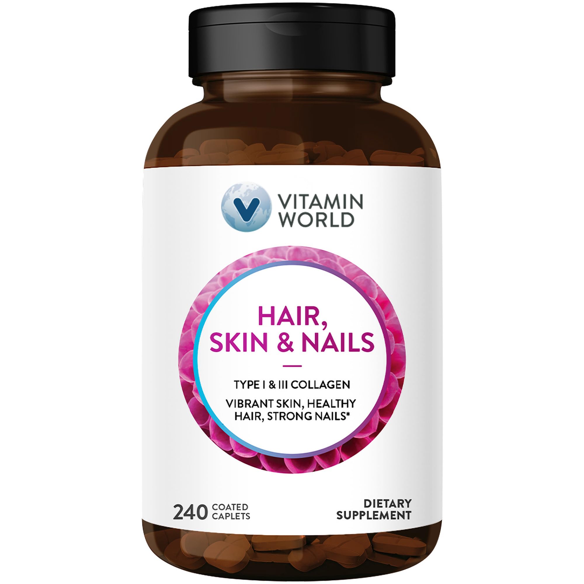 Vitamin World Hair, Skin & Nails Supplement - 240 Caplets with Type I & III Collagen, 3000mcg Biotin, Antioxidant Formula | Gluten Free, Coated Tablets | Supports Healthy Hair Growth, Strong Nails & Radiant Skin | Beauty & Wellness Essential