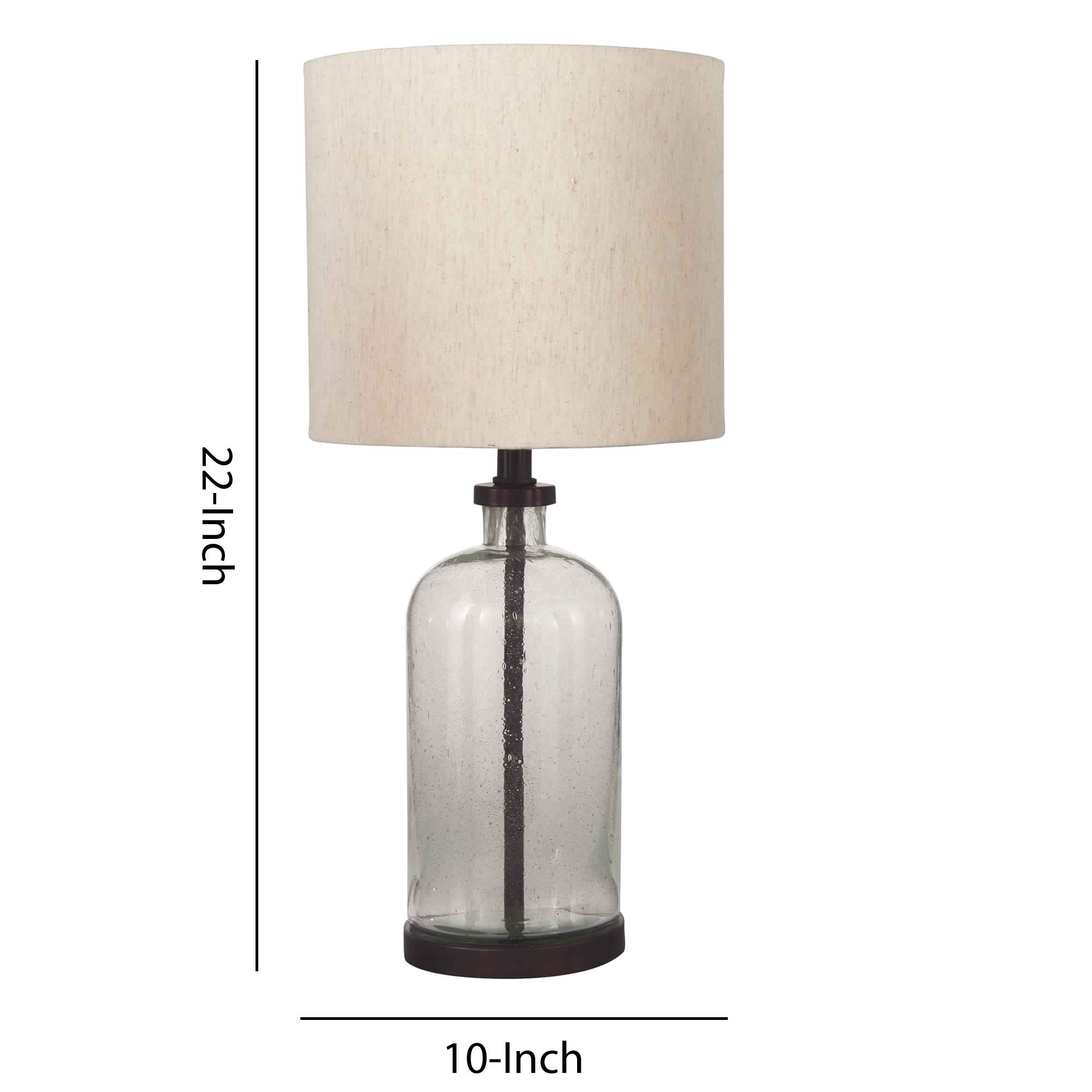 Benjara Cylindrical Seeded Glass Table Lamp with Fabric Drum Shade - Beige & Clear Glass Bedside Lamp for Living Room, Bedroom, or Office Decor