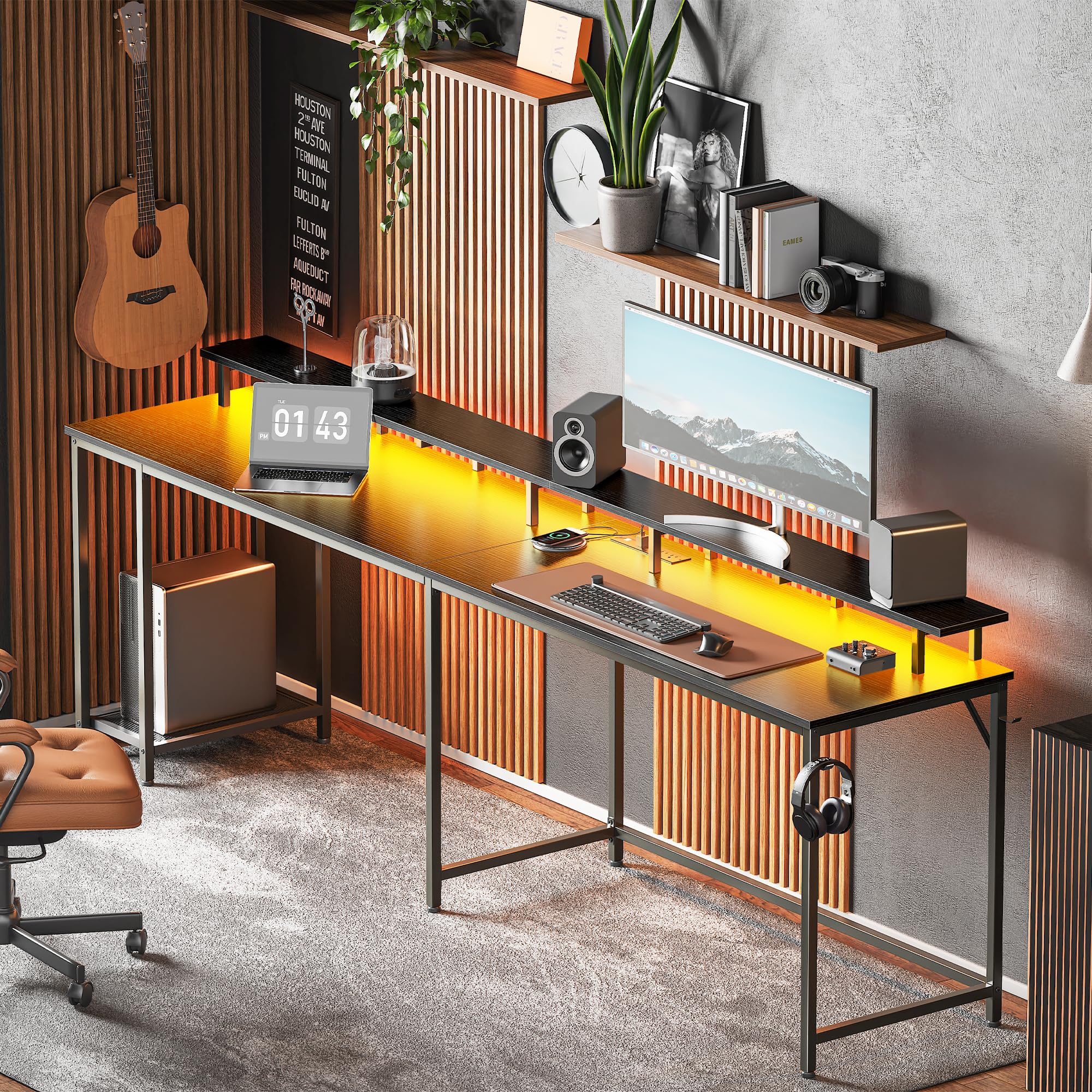 SUPERJARE 66 Inch L-Shaped Gaming Desk with Power Outlets, LED Lights & Monitor Stand - Ergonomic Computer Desk with Storage Shelf & Hooks for Home Office, Streaming Setup & Gaming Station (Black)