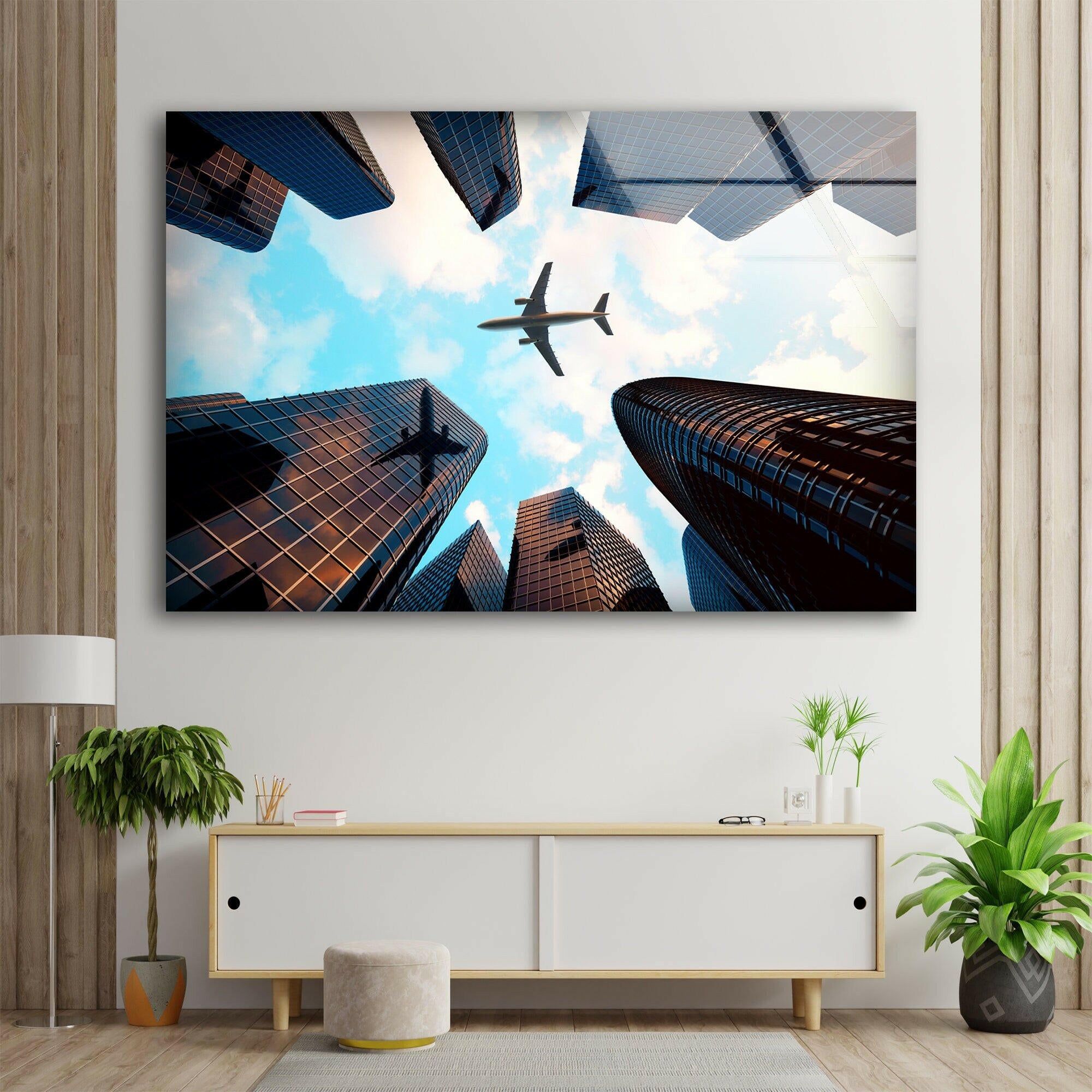 Modern City Skyline & Airplane Glass Wall Art - Urban Decor for Living Room, Office & Bedroom