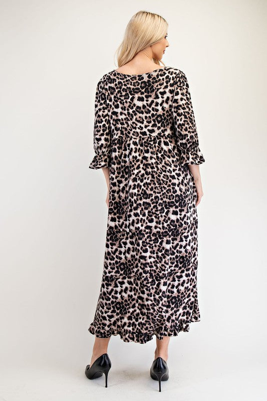 Celeste Women's Full Size Leopard Print Round Neck Flounce Sleeve Party Dress - Perfect for Cocktail Parties, Date Nights & Special Occasions