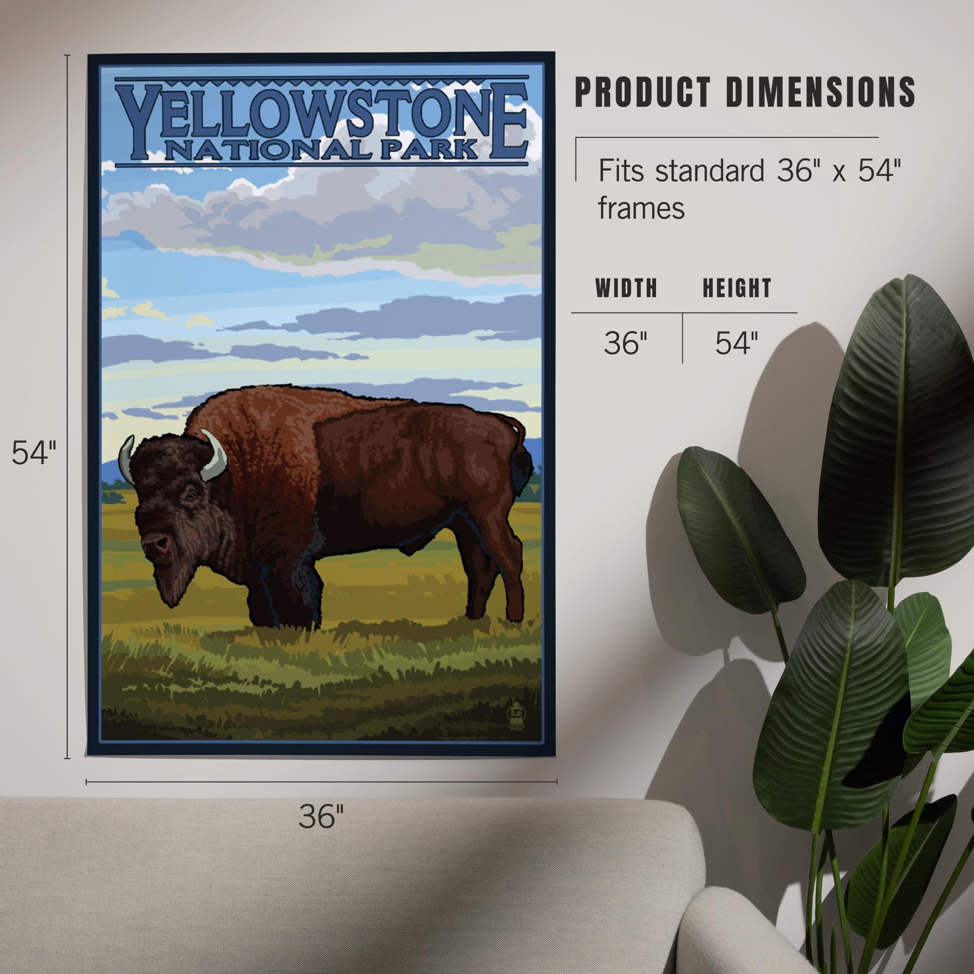 Lantern Press 36x54 Inch Yellowstone National Park Bison Landscape Giclee Art Print - Premium Wall Decor for Living Room, Bedroom & Office