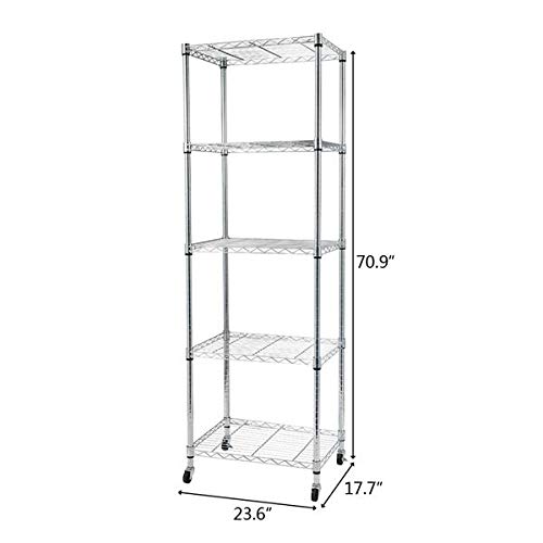 5-Tier Adjustable Metal Wire Shelving Rack - Heavy Duty Storage Shelf Unit for Laundry, Bathroom, Kitchen, Pantry & Closet Organization - Space Saving Solution for Home & Office (Silver)