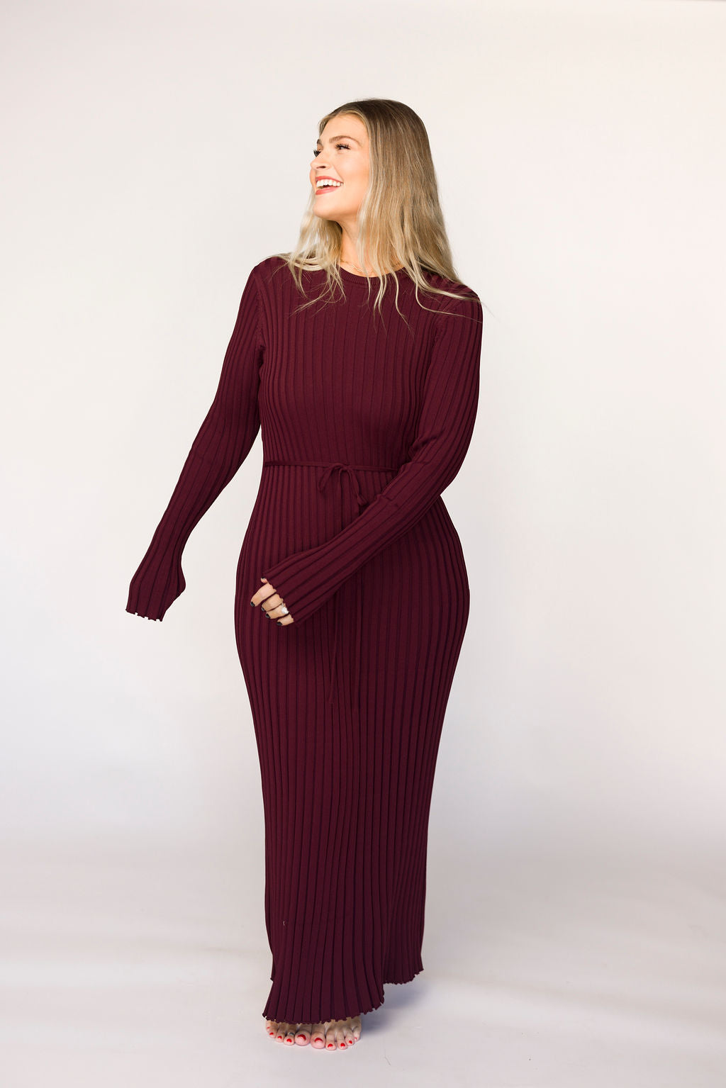 Colette Premium Long Sleeved Ribbed Knit Maxi Dress in Burgundy - Bump Friendly Maternity Dress for Pregnancy, Nursing & Postpartum - Perfect for Casual Wear, Office & Special Occasions