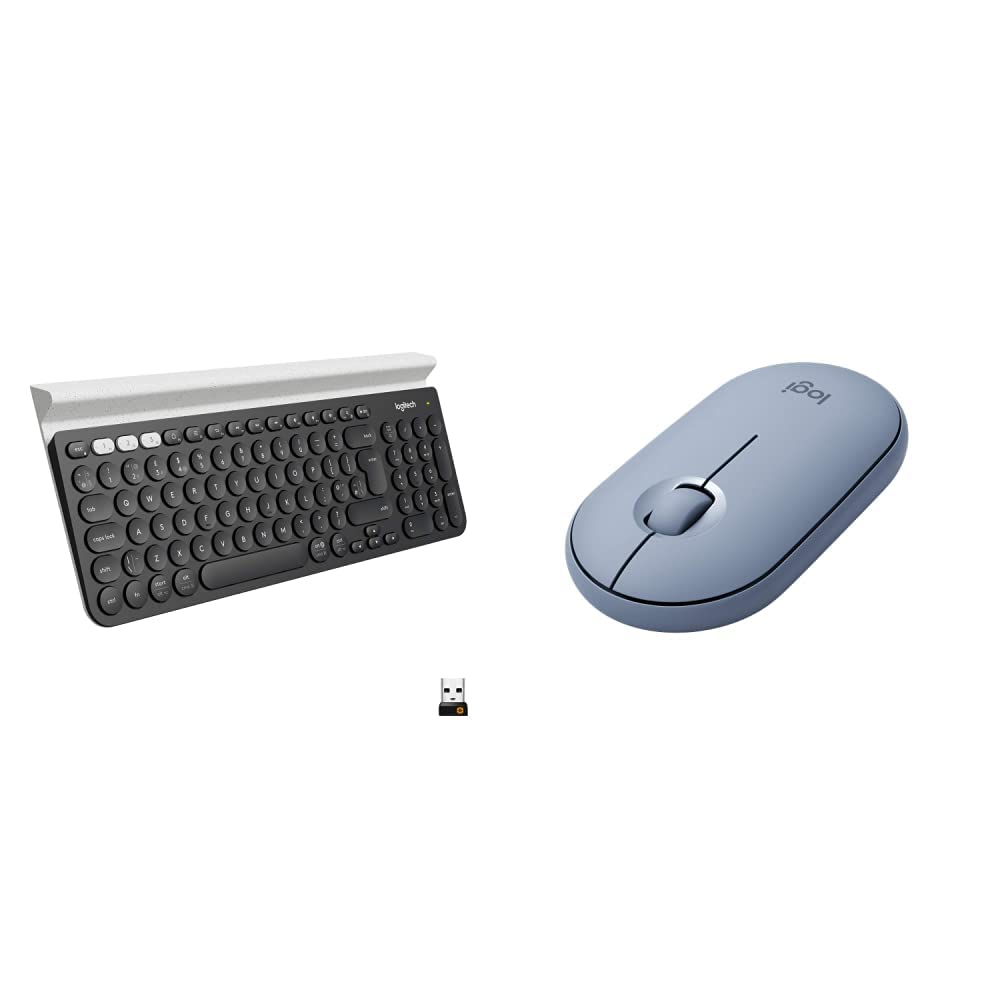 Logitech K780 Multi-Device Wireless Keyboard & Pebble M350 Bluetooth Mouse Combo - Slim Silent Keyboard & Quiet Click Mouse for iPad, Mac, PC, Laptop - Perfect for Home Office, Remote Work & Multi-Tasking (Blue Grey)