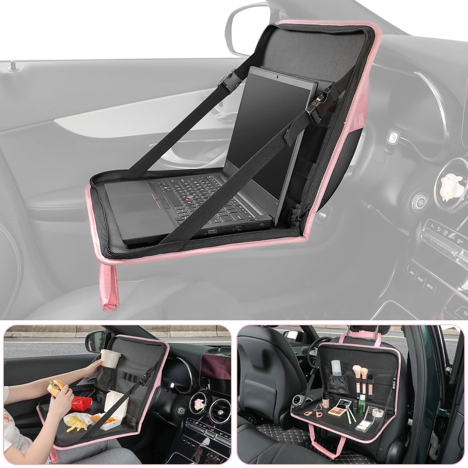 JOYTUTUS 3-in-1 Car Steering Wheel Tray - Pink Multifunctional Car Desk for Eating, Working & Organizing | Portable Laptop Table for Backseat, Kids & Commuters | Perfect for Road Trips, Office Work & Family Travel
