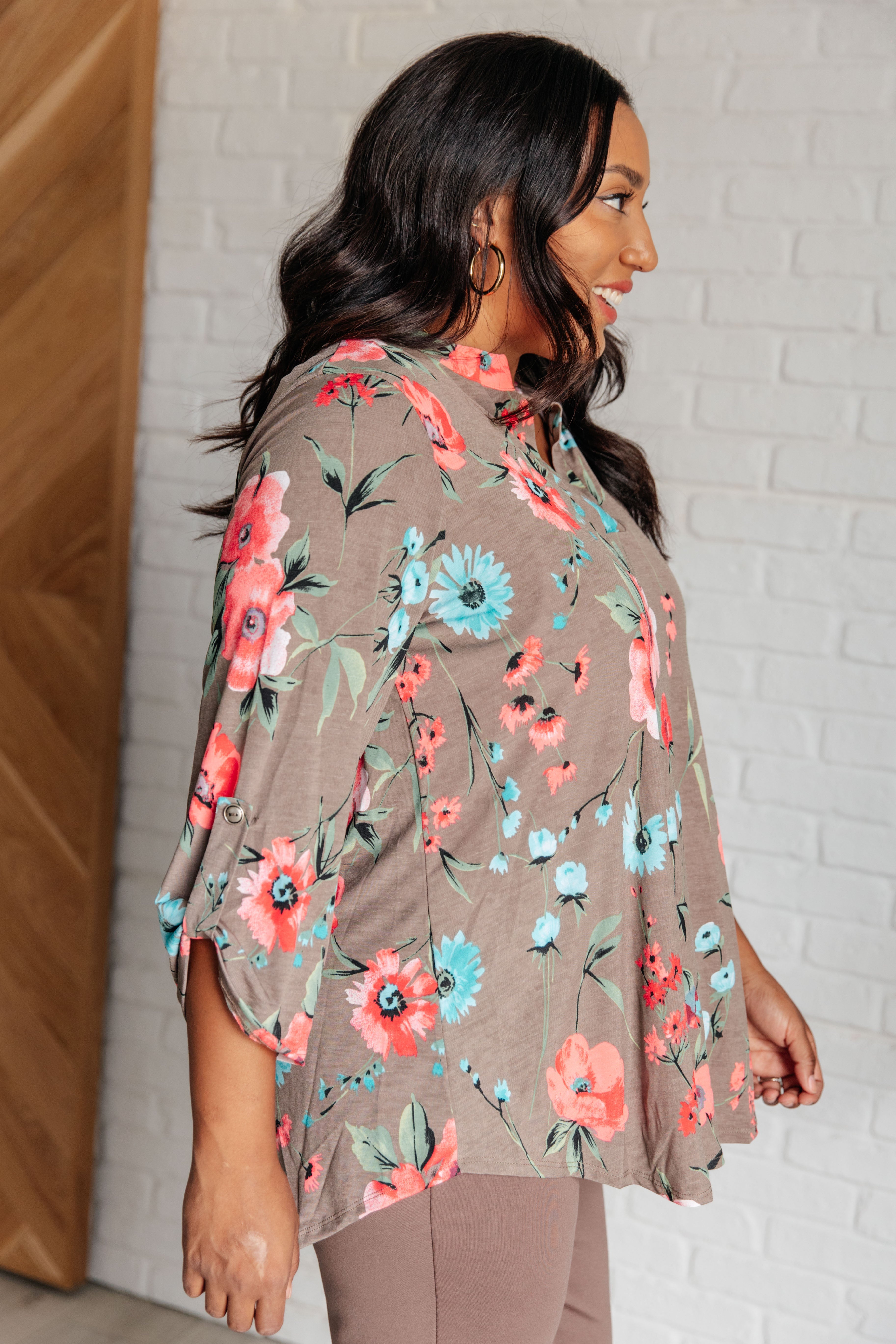 Lizzy Women's Floral Print Top in Mocha & Coral - Casual Summer Blouse for Beach, Date Night & Office Wear