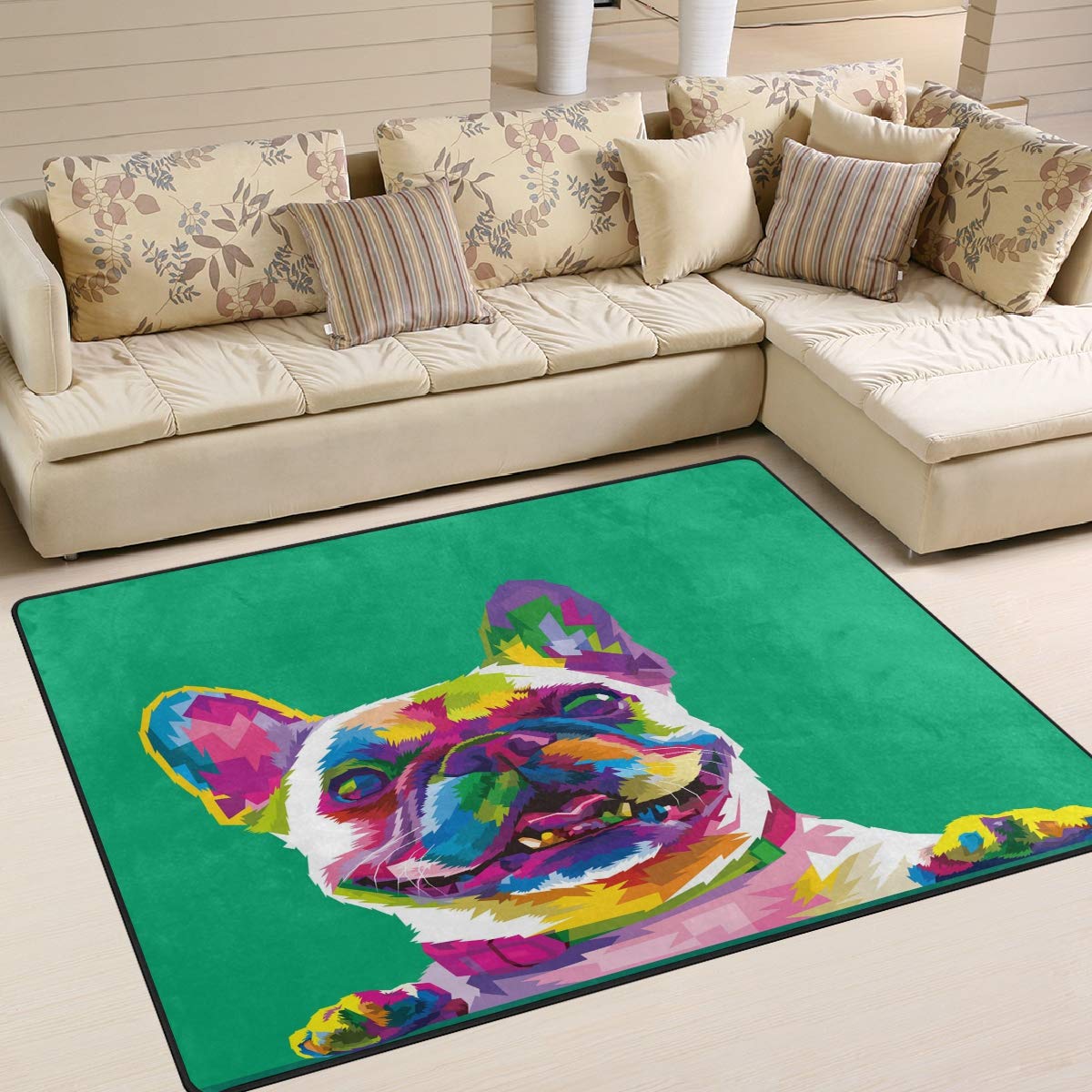 ALAZA Cartoon French Bulldog Green Area Rug 7' x 5' - Soft Non-Slip Living Room Rug, Bedroom Carpet for Kids Nursery, Playroom & Pet-Friendly Home Decor