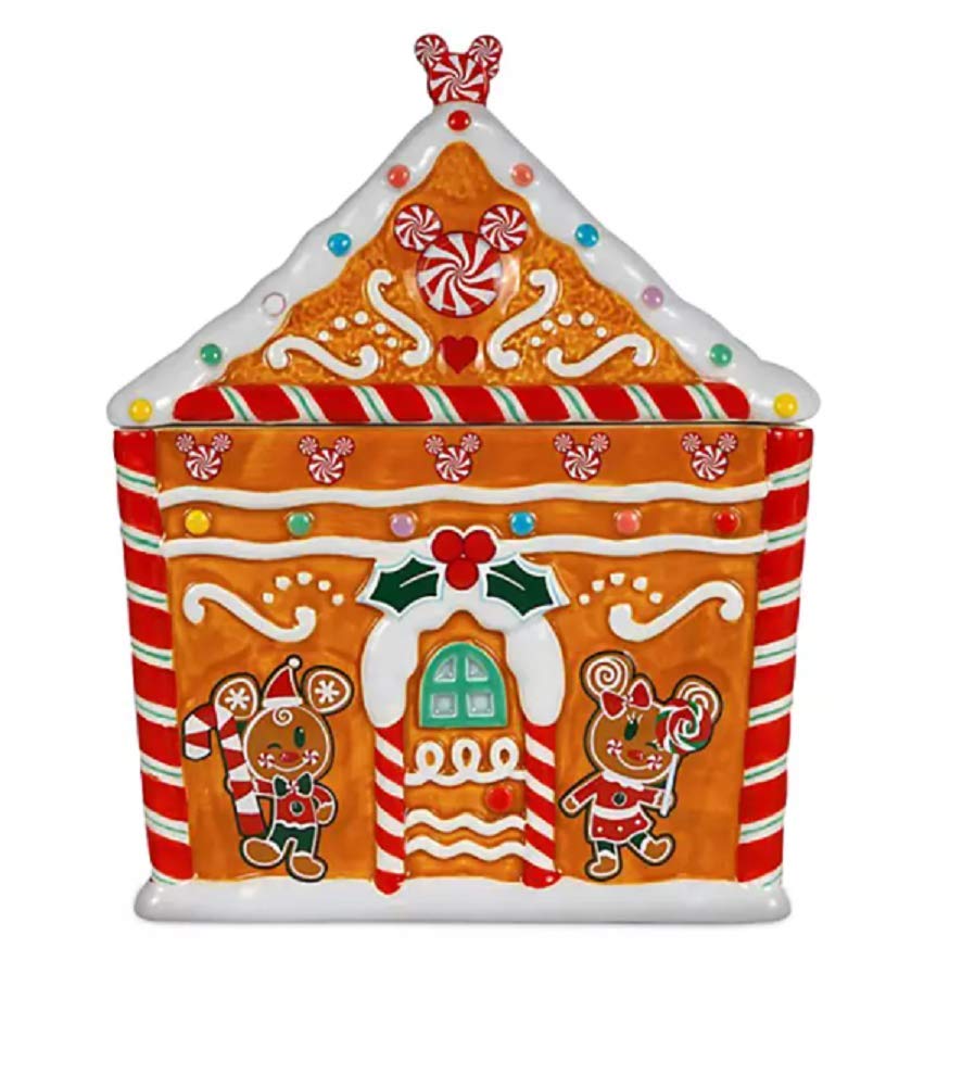 Disney Parks Mickey Mouse Ceramic Cookie Jar - Gingerbread House Design for Holiday Baking & Christmas Decor