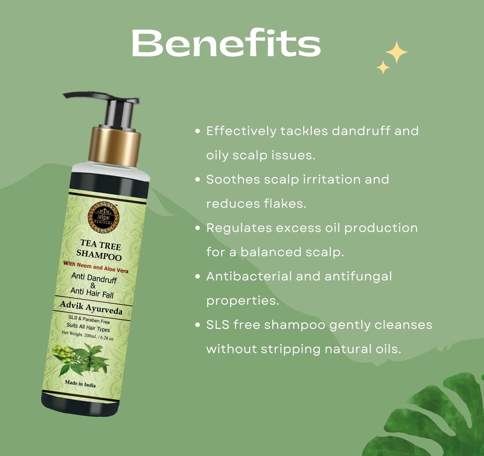 Advik Ayurveda Tea Tree Anti Dandruff Shampoo 200ml - Natural Neem, Tea Tree & Aloe Vera Formula for Scalp Care - Effective Dandruff Control for Men & Women - Perfect for Daily Use & Itchy Scalp Relief