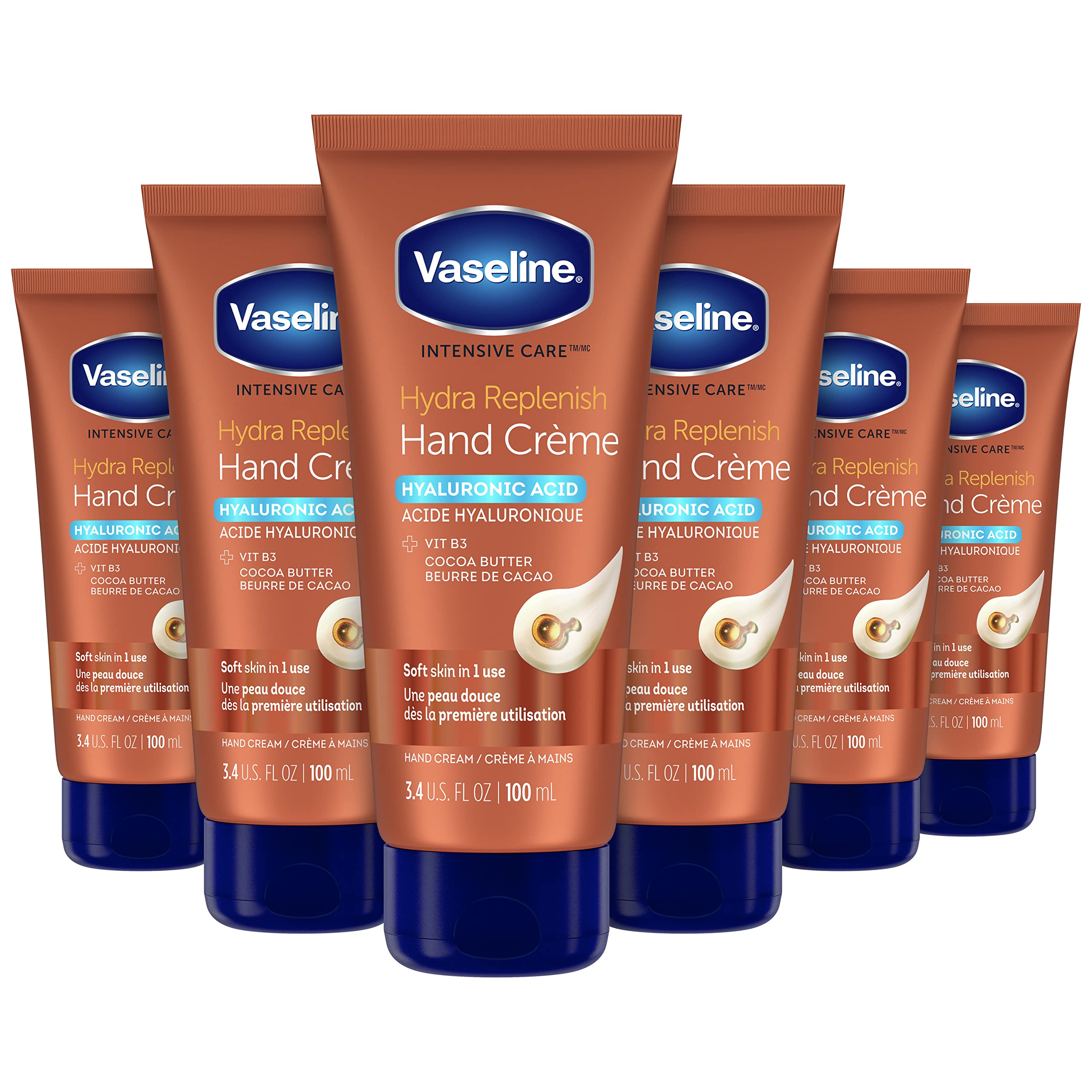 Vaseline Intensive Care Hand Cream for Dry Hands - Hydrating Moisturizer with Hyaluronic Acid, Vitamin B3 & Cocoa Butter - 3.4 oz (6 Pack) - Perfect for Winter Care, Cracked Skin & Overnight Repair