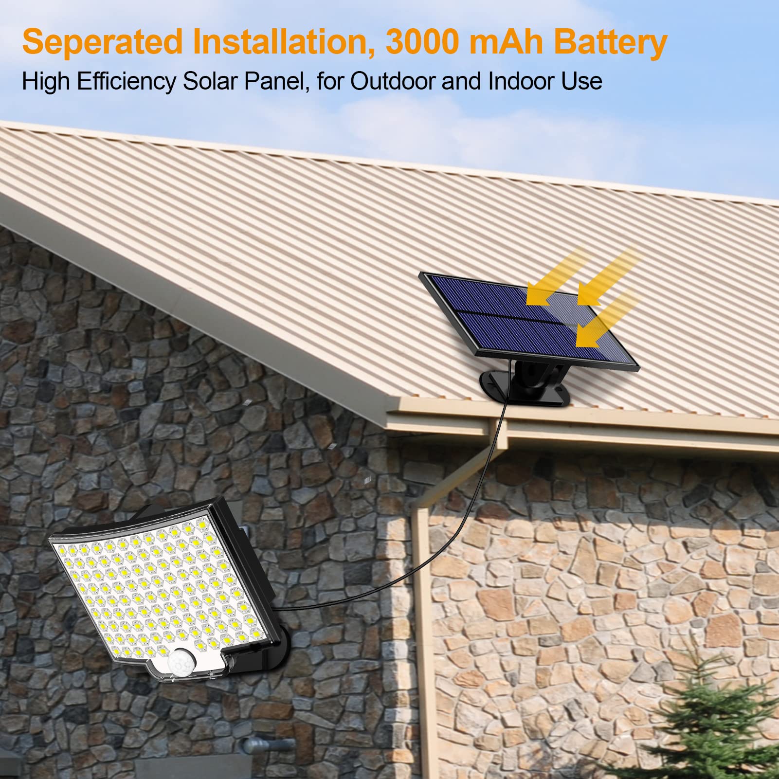 106 LED 3000LM Solar Powered Motion Sensor Flood Lights - IP65 Waterproof Outdoor Security Wall Lights with Remote & 16.5Ft Cable (2 Pack) - Perfect for Garage, Yard, Pathway & Driveway Lighting at Night