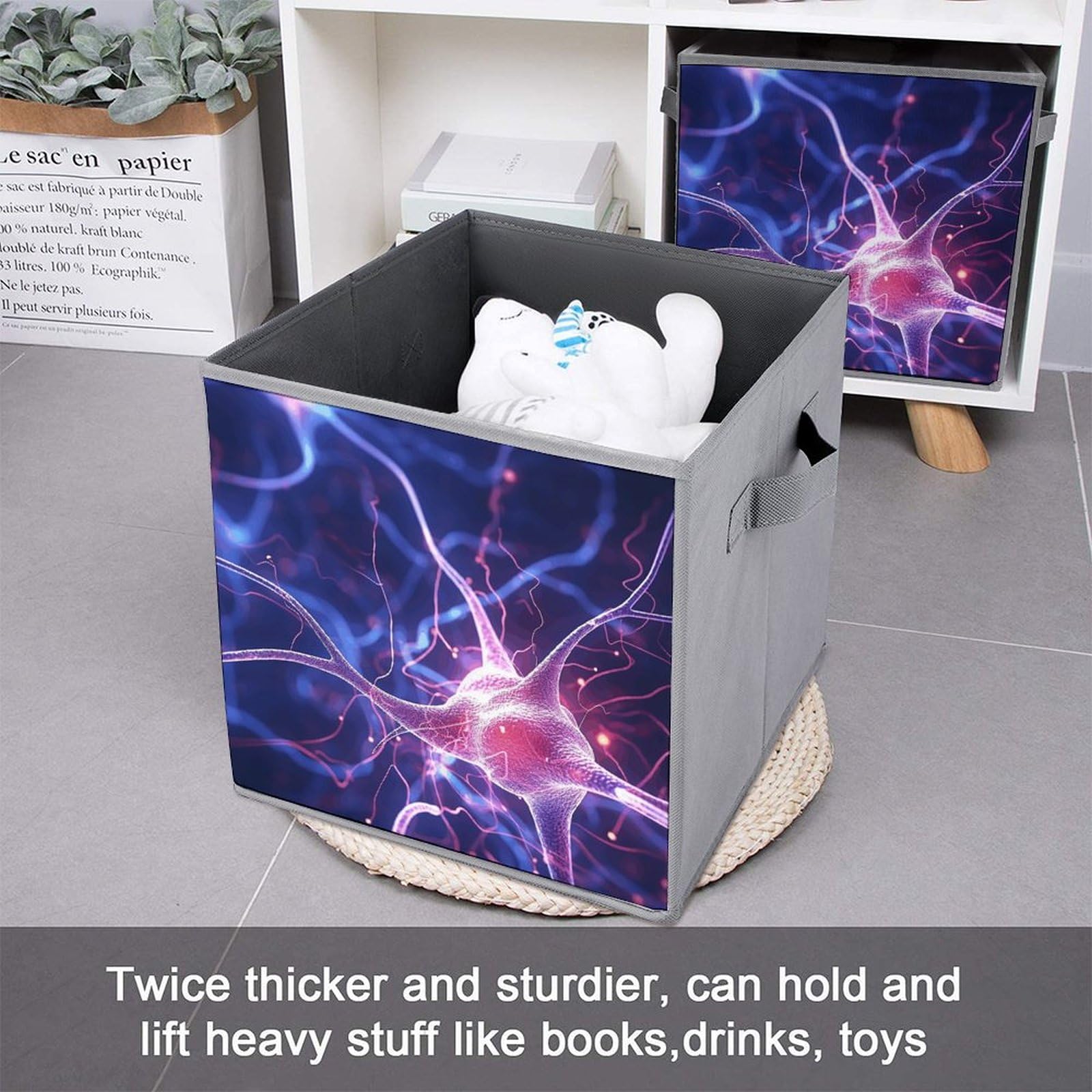 6-Pack Collapsible Storage Bins with Handles - Blue Neuron Pattern Foldable Organizing Baskets for Shelves, Closet, Kitchen & Bathroom | Space-Saving Home Organization Solution for Toys, Books & Household Items