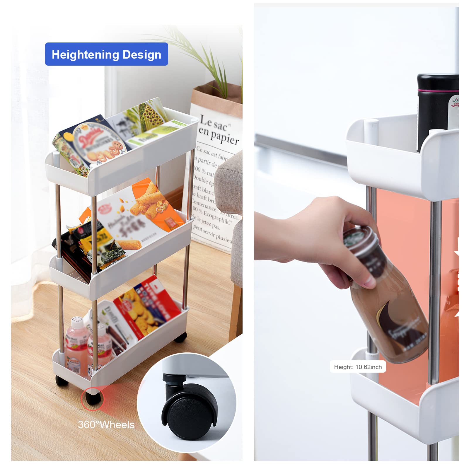 3-Tier Rolling Utility Cart with Wheels & Hanging Hooks - Multifunctional Storage Organizer for Kitchen, Bathroom, Office | Portable Standing Shelf & Service Trolley | Perfect for Home Organization, Restaurant Supplies & Workplace Storage