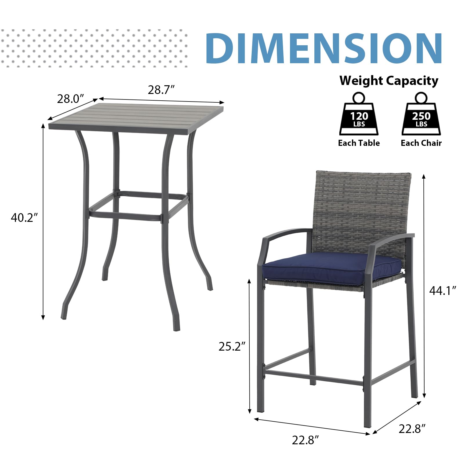 JOIVI 3-Piece Outdoor Patio Bar Set - Counter Height Wicker Bar Stools with Wood Top Table, 2-Person Bistro Set Includes 2 Bar Chairs with Cushions - Perfect for Backyard, Balcony, Deck, and Garden Entertaining
