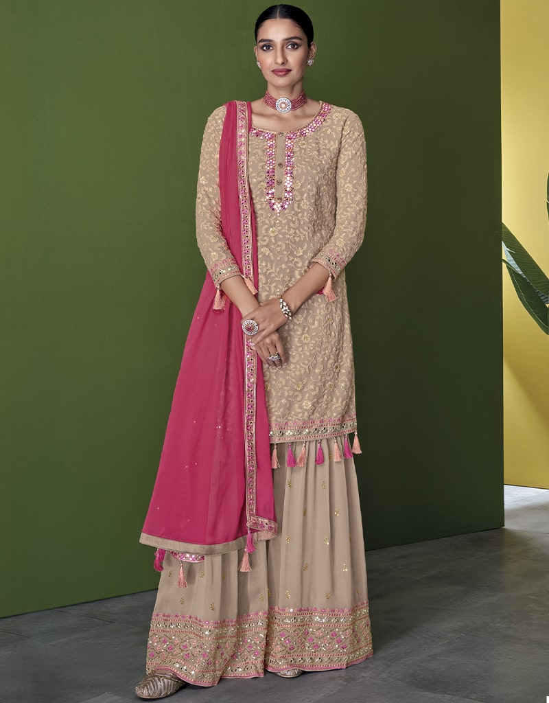 Elegant Beige Sharara Style Suit - Faux Georgette Fabric for Women's Ethnic Wear | Perfect for Weddings, Parties & Festive Occasions