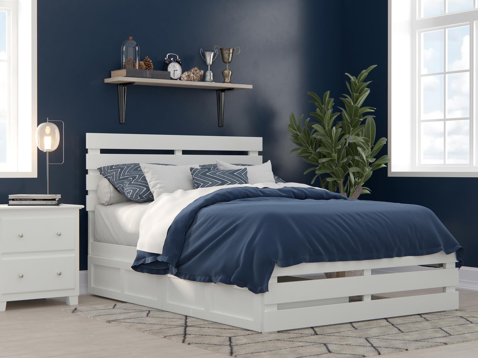 AFI Oxford Full Size Platform Bed with Footboard & 4 Storage Drawers in White - Modern Bedroom Furniture for Small Spaces & Guest Rooms